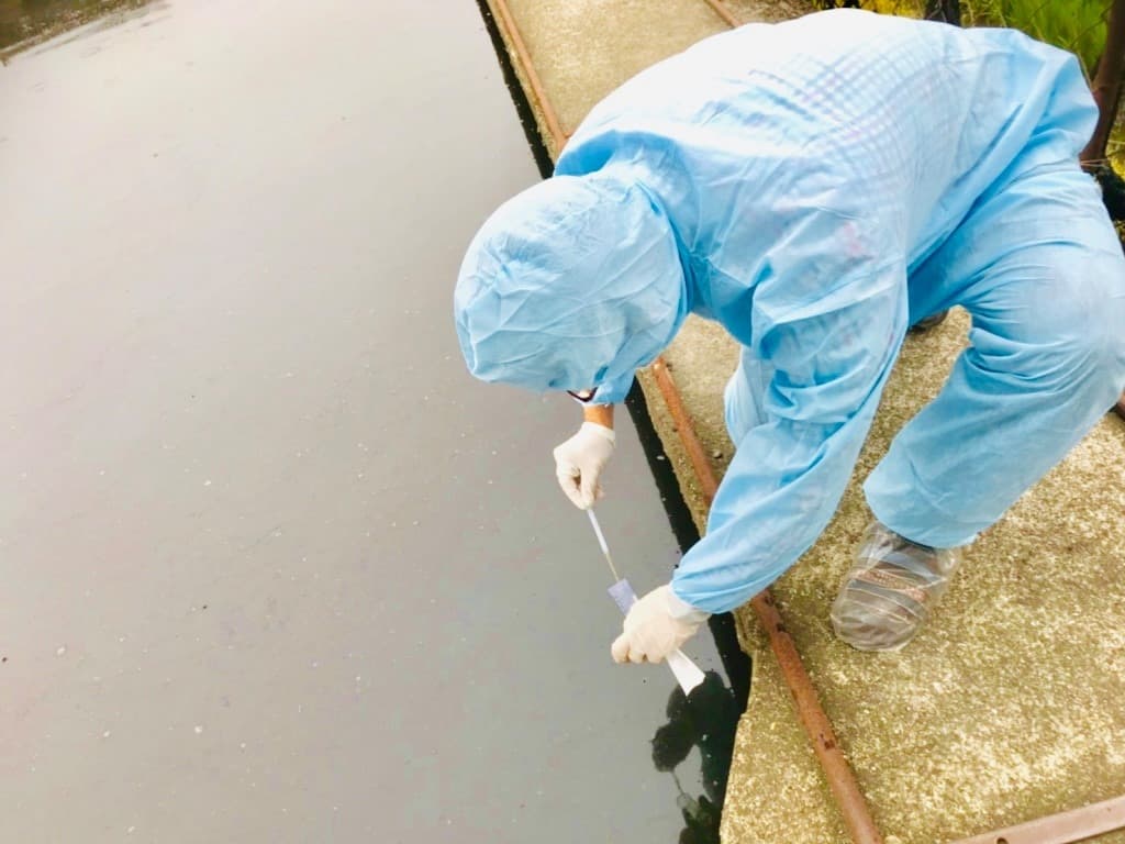 穿著防護衣的人員在魚塭邊採集水樣