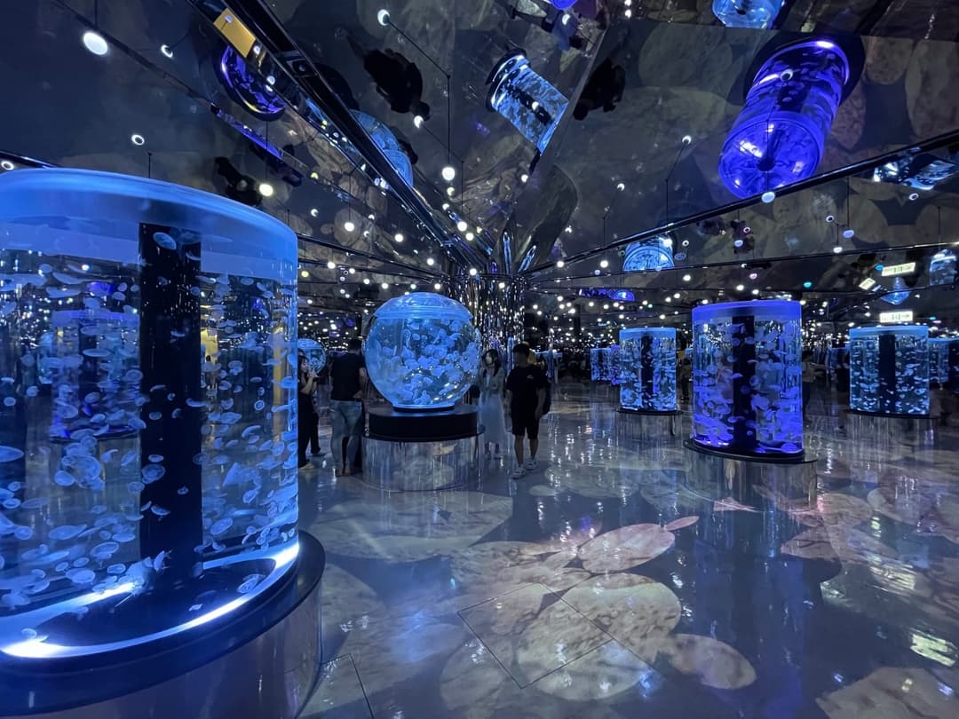 水母展示區的圓柱缸與鏡面天花板