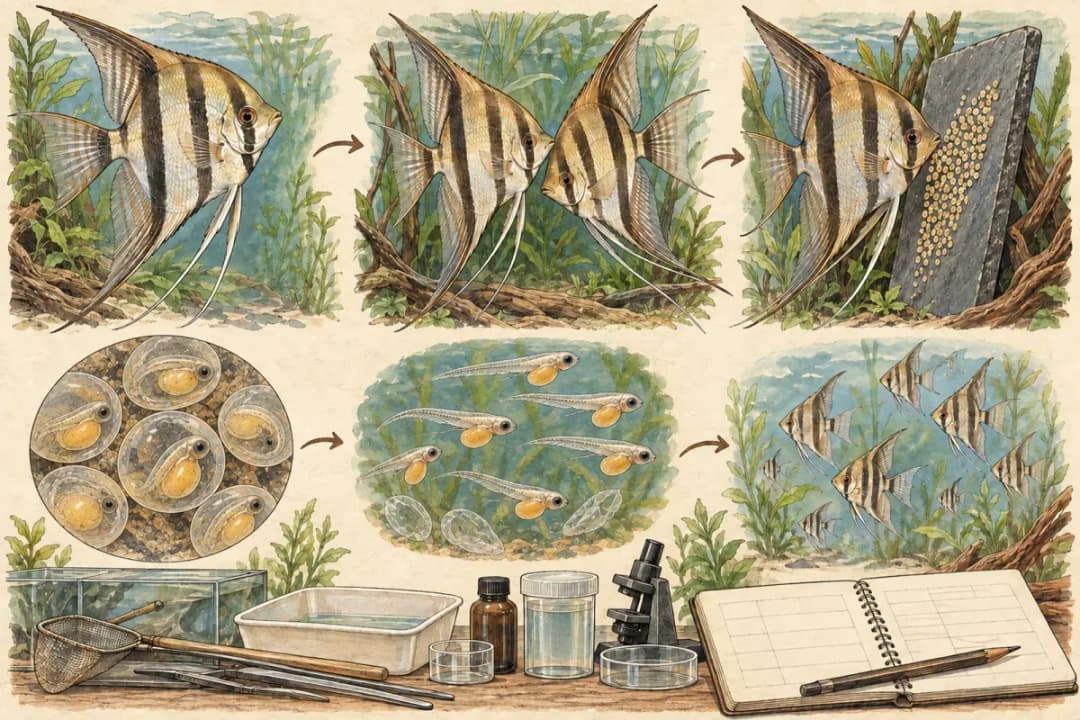 親魚、配對、產卵、胚胎、帶卵黃細長仔魚與後續幼魚六個概念階段的插畫。