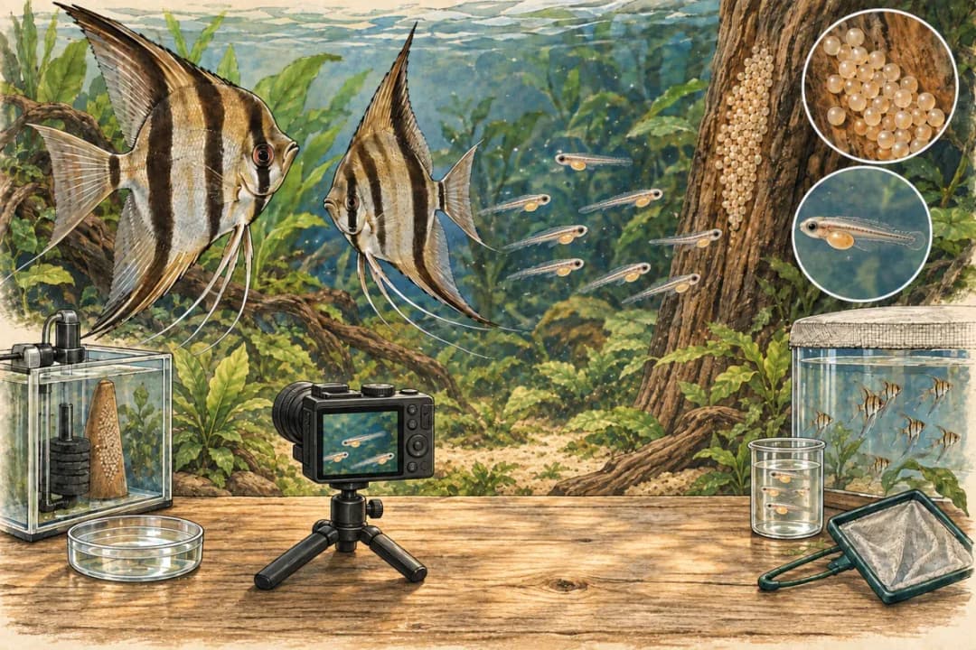 親魚、附著魚卵、細長帶卵黃仔魚與獨立孵化及育成設備搭配相機的手繪插畫,沒有空白紀錄表。