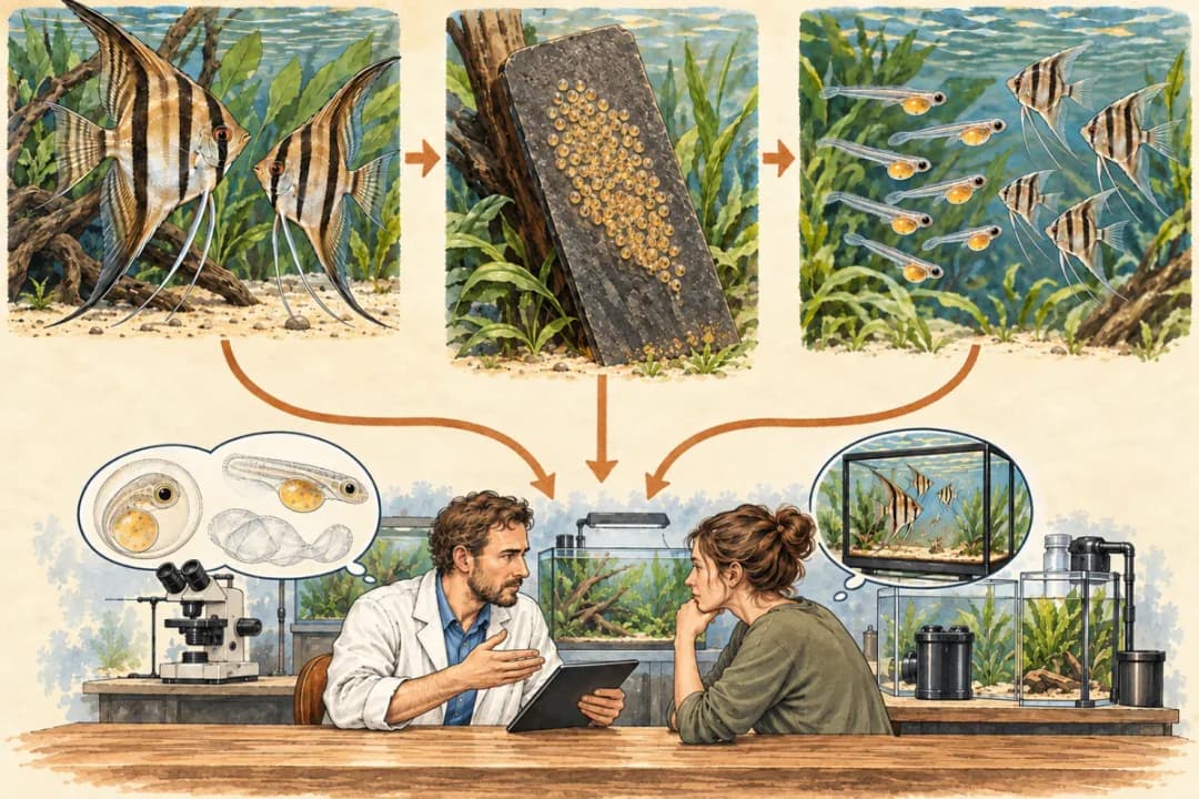 親魚、卵區、細長帶卵黃仔魚與幼魚場景直接連到顯微觀察及兩人討論的手繪插畫,桌面沒有紙張或記事本。