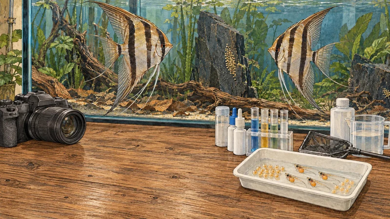 埃及神仙魚缸前的木製觀察工作臺,擺有相機、水樣器材及浸水卵與仔魚觀察盤,沒有筆記本或魚體圖稿。