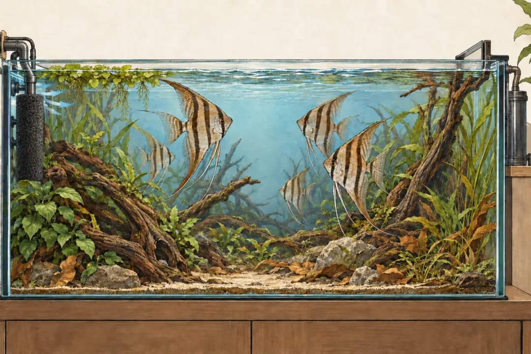 魚缸側視插畫,中央泳區與兩側遮蔽並存,左側吸水口完全包覆預濾海綿。