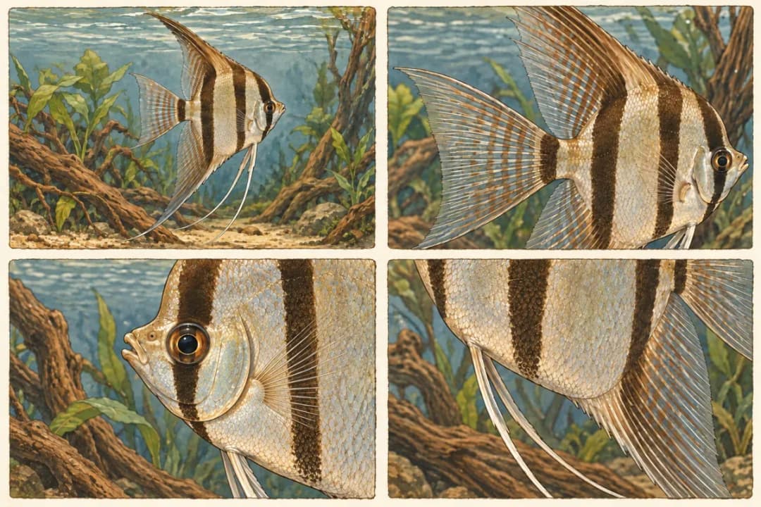 四個手繪觀察窗呈現魚的遊姿、展鰭、自然閉合的鰓蓋與腹部輪廓。