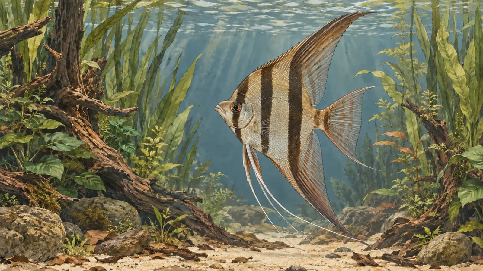 埃及神仙在有沉木、植物與開放泳區的魚缸中展鰭游動的手繪插畫。