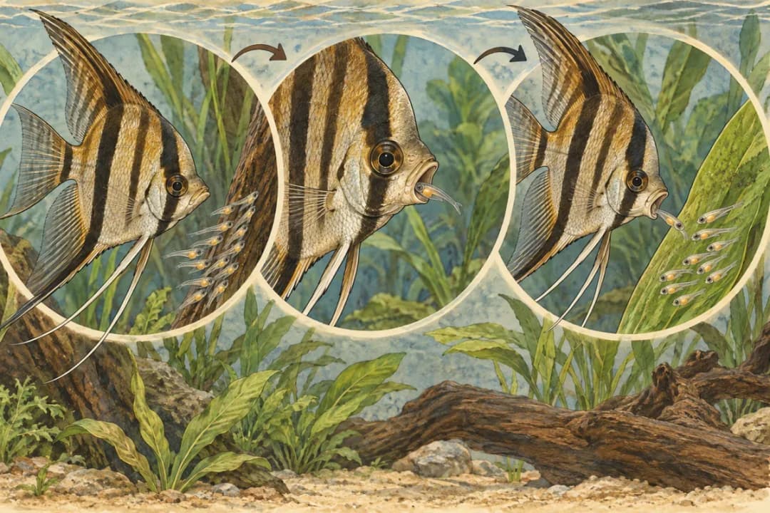 三個觀察窗呈現親魚接近、含起帶卵黃的細長仔魚並放回水中葉片的行為示意插畫。