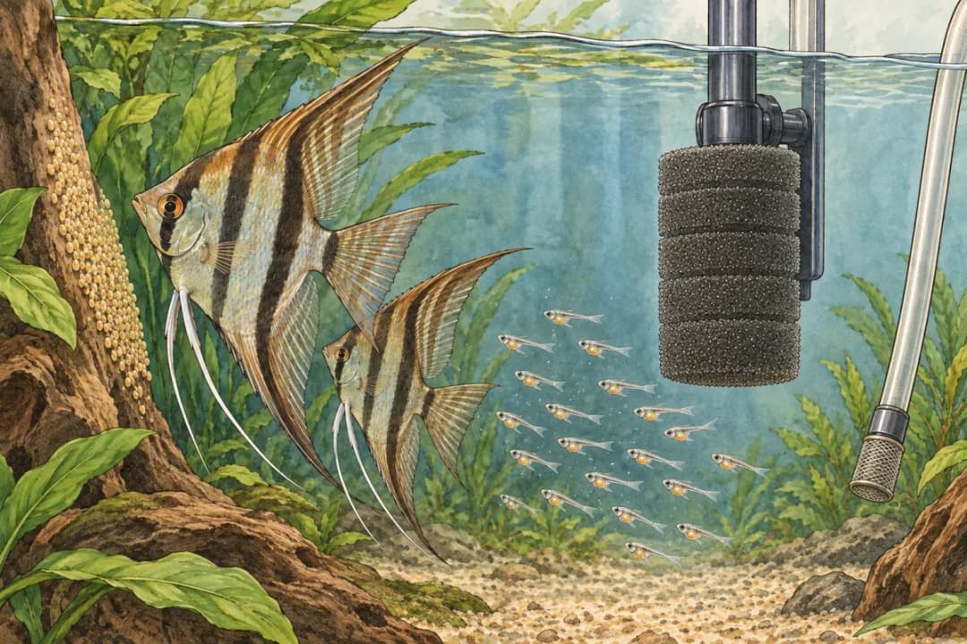 細長仔魚附近的預濾海綿及可控制的吸汙管口防護插畫。