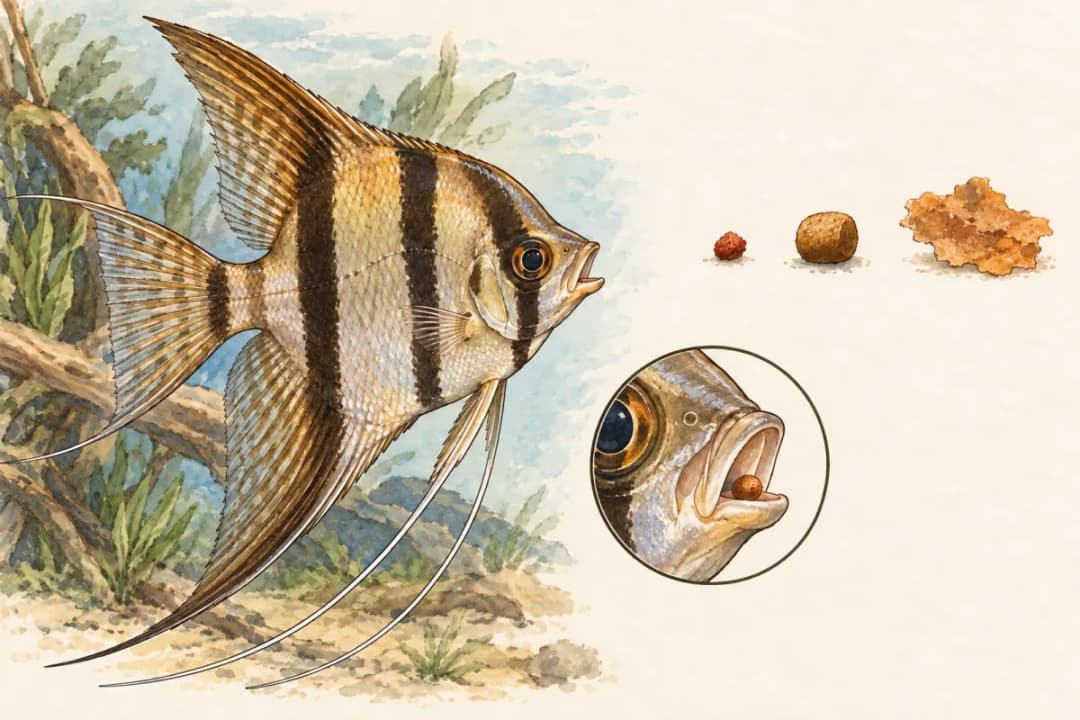 魚嘴與不同大小餌料並列的手繪示意插畫,沒有毫米規格。