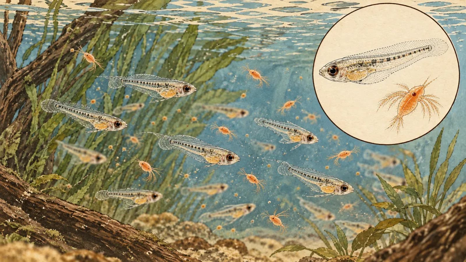 細長仔魚與少量豐年蝦無節幼體的首次取食手繪示意插畫。