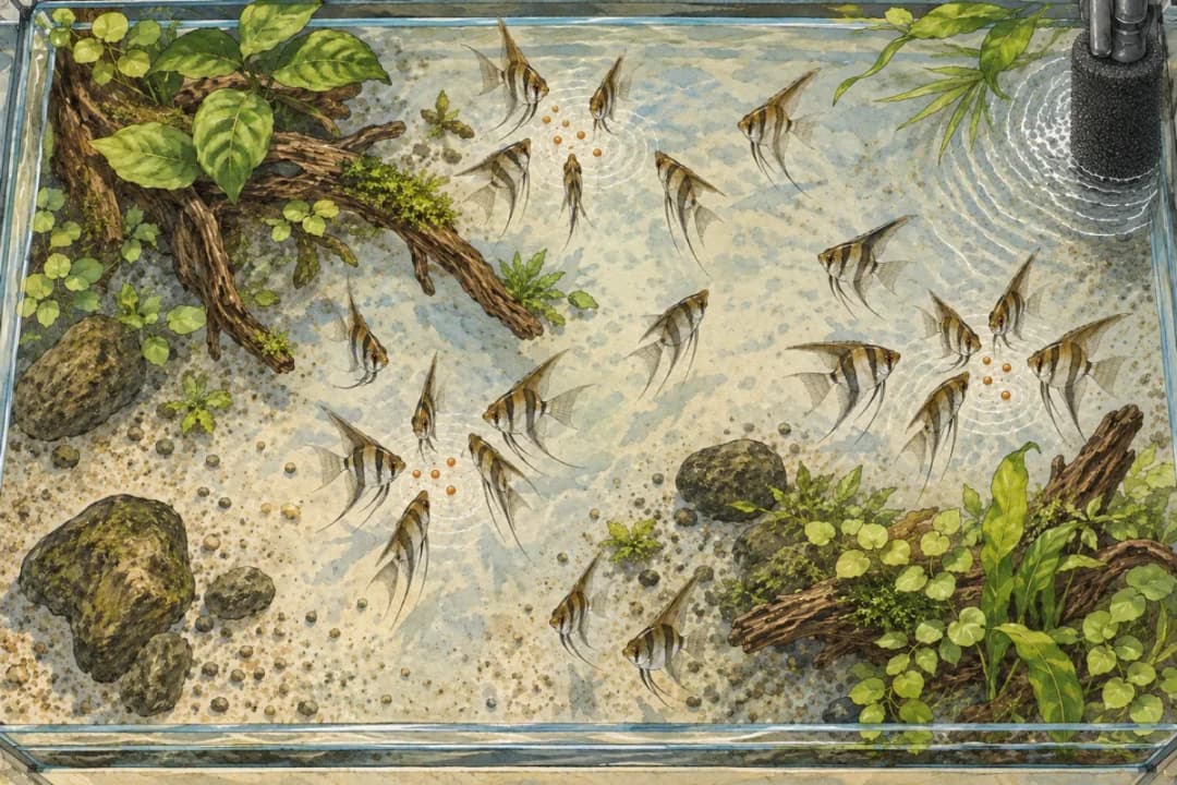 幼魚由上方斜視呈現,少量餌料位置分散在泳區,右上方吸水口有完整海綿防護的插畫。