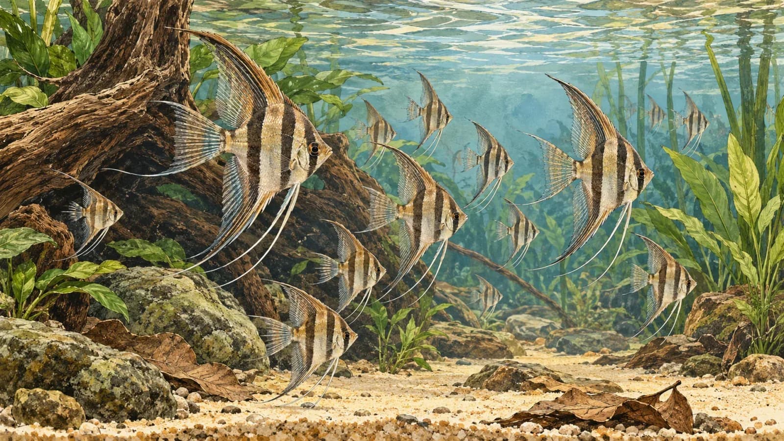 不同大小的埃及神仙幼魚在開放泳區活動的手繪插畫。