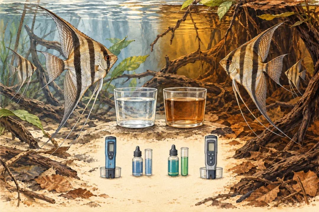 透明水樣與茶色水樣旁放置通用量測器材的手繪插畫,沒有讀值。