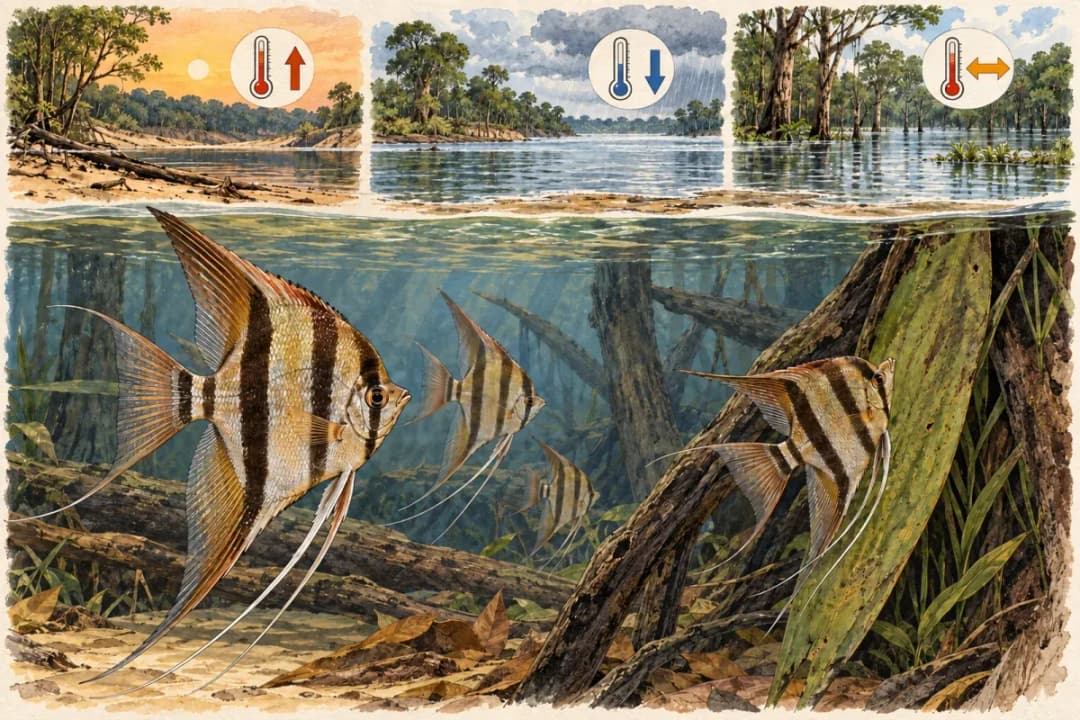 三種無數值的水溫方向情境與正常游動的成魚並列插畫,沒有卵或仔魚。