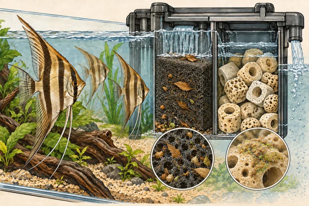 海綿截留區與多孔生物濾材區並列,兩個獨立放大窗呈現顆粒與濾材表面生物膜的插畫。