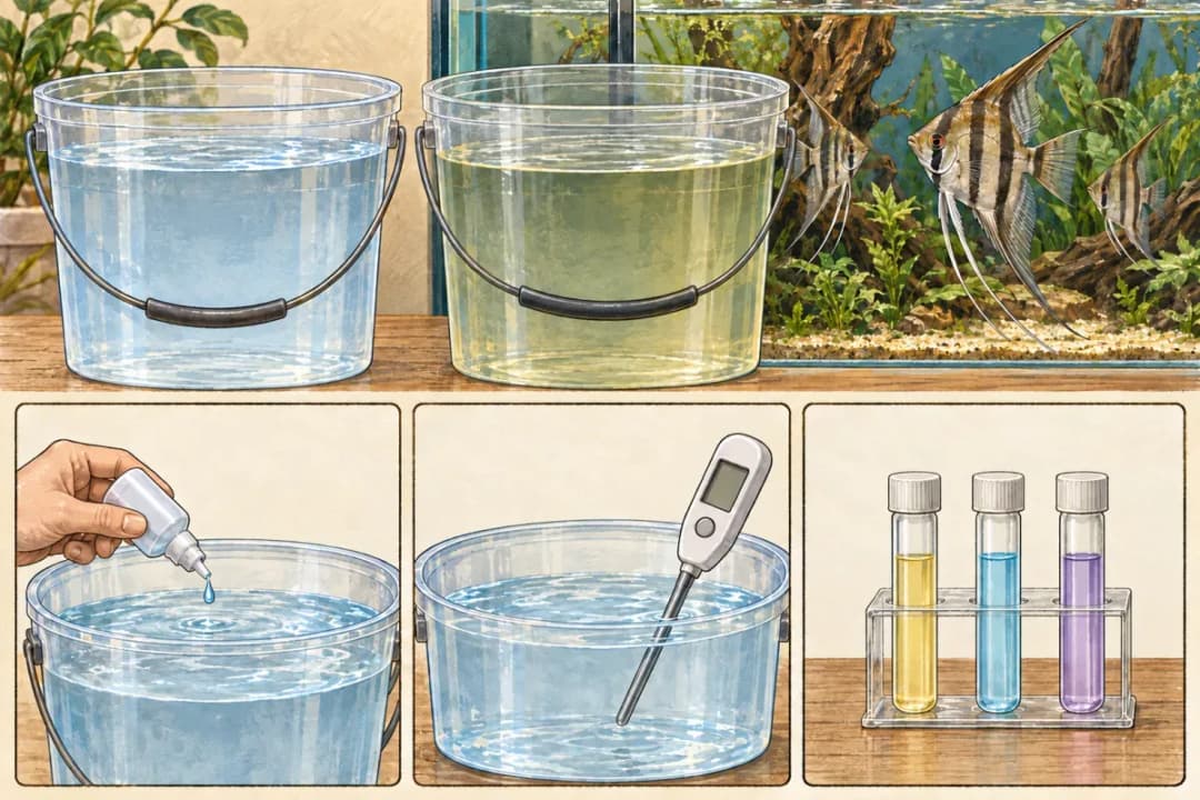 新水與缸水水樣及通用量測器材並列的手繪插畫。