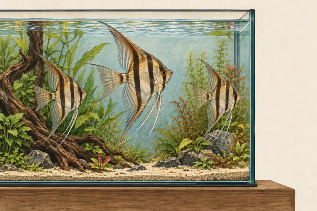 魚缸側視插畫呈現水面、底床與魚可利用的空間,沒有尺寸數字。