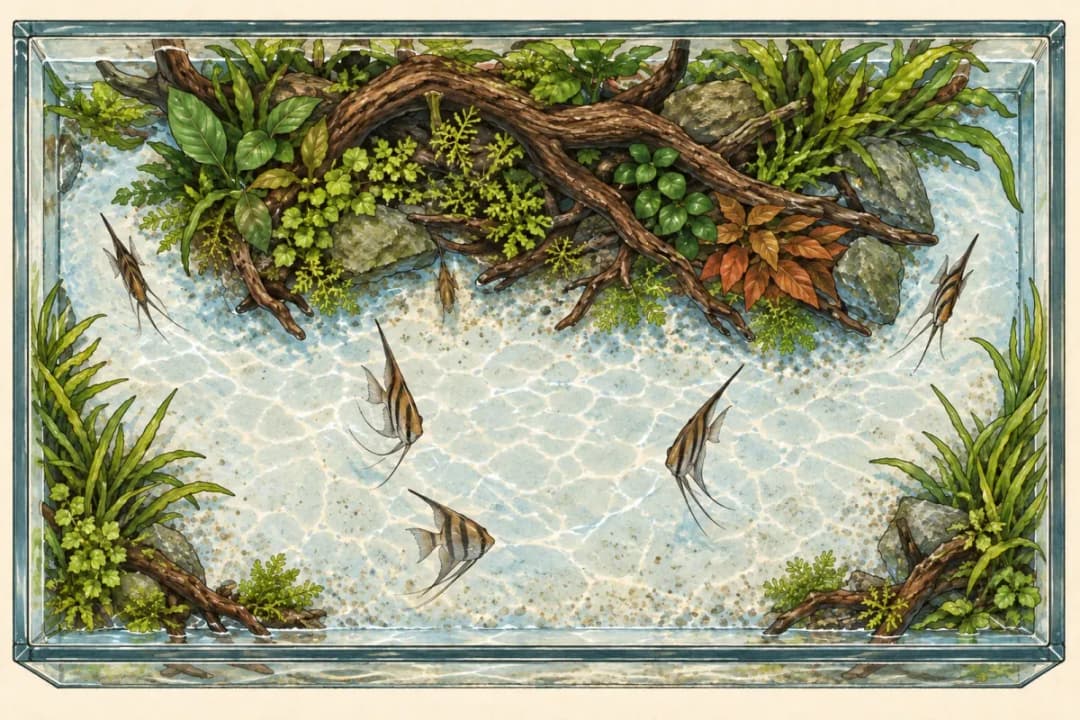 由上方觀察魚缸的空間示意插畫,沉木遮蔽旁保留通行區。