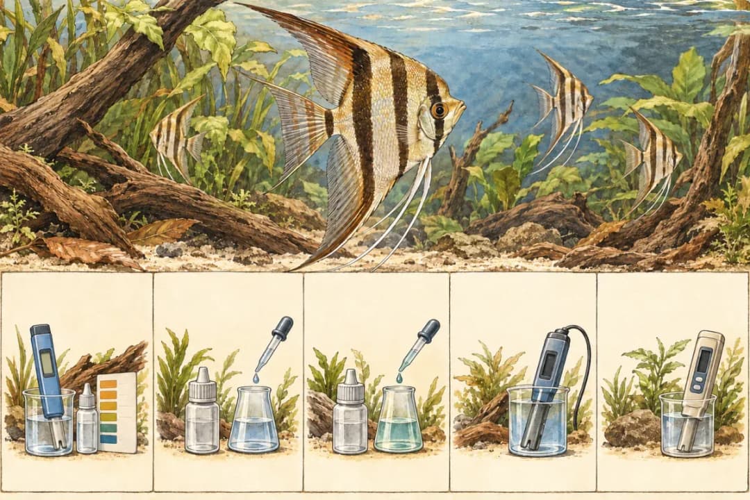 無字的水樣與通用量測器材並列插畫,沒有讀值或化學指標標籤。