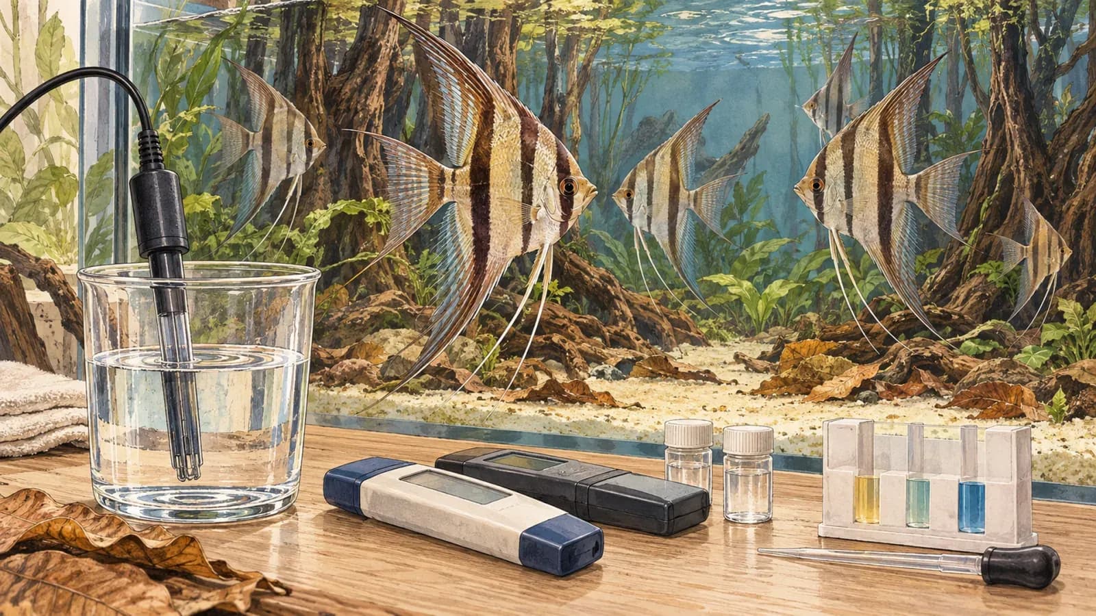 缸外水樣杯與量測器材,以及魚缸中埃及神仙的手繪插畫。