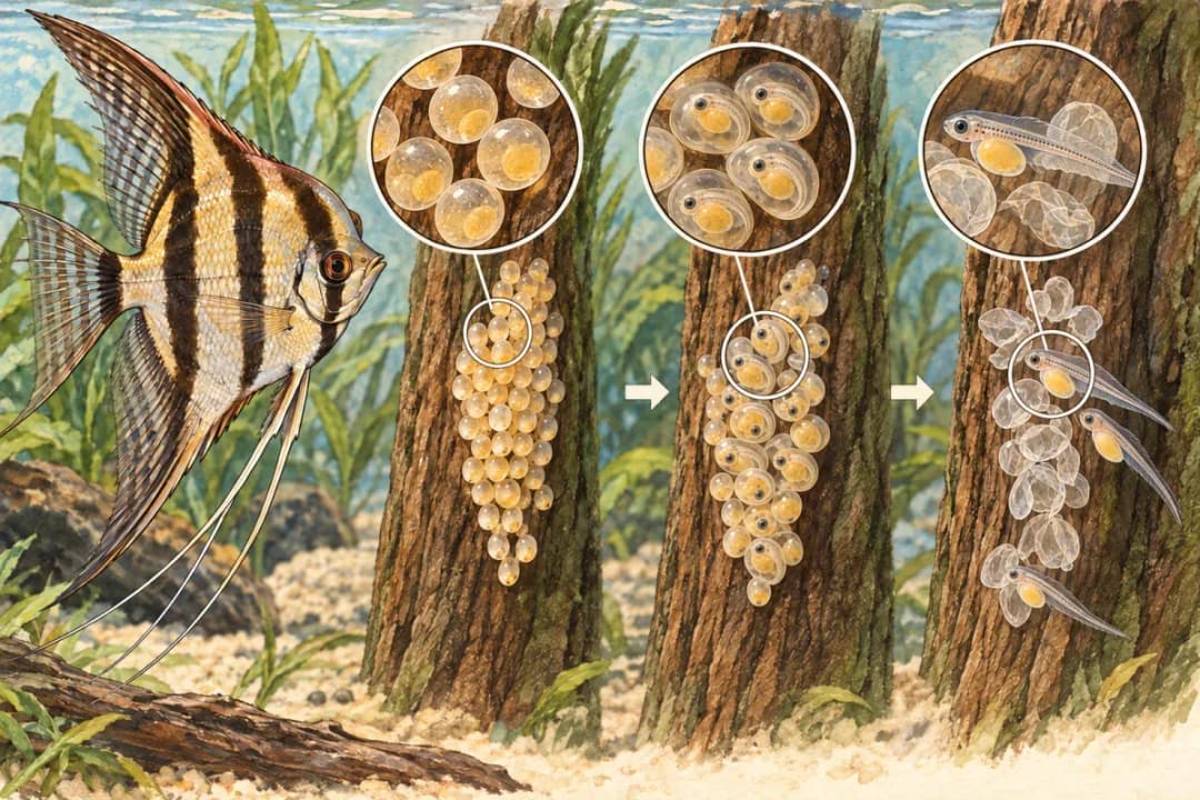 魚卵、卵內胚胎與帶卵黃的細長仔魚三個觀察階段,卵膜畫成透明薄膜的插畫。