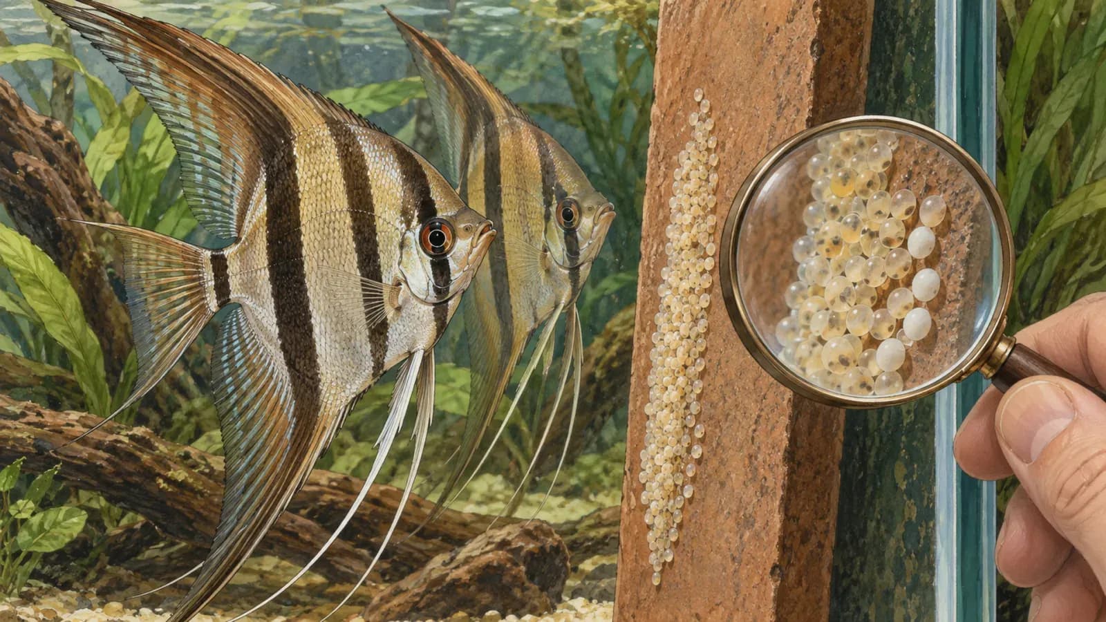 在魚缸外觀察基材上魚卵的手繪插畫。