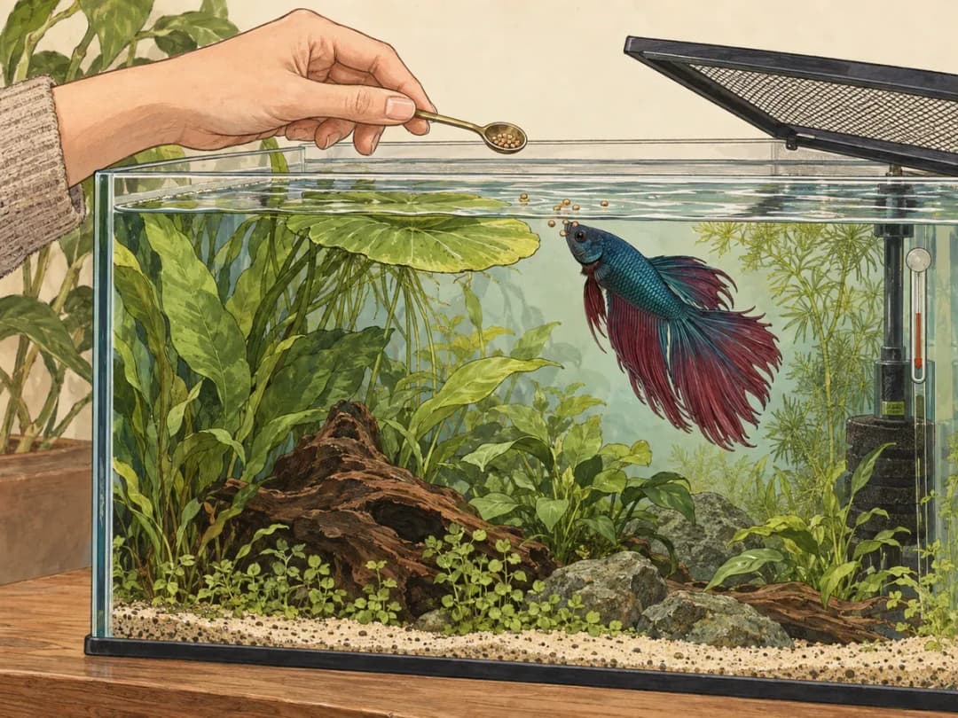 以小量匙給鬥魚少量食物,觀察實際攝食,飼料數量為情境示意。