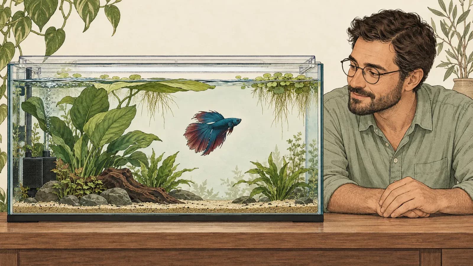 外國成人觀察單養鬥魚,長方形缸提供柔和水流、植物遮蔽、近水面休息葉片與防跳蓋。