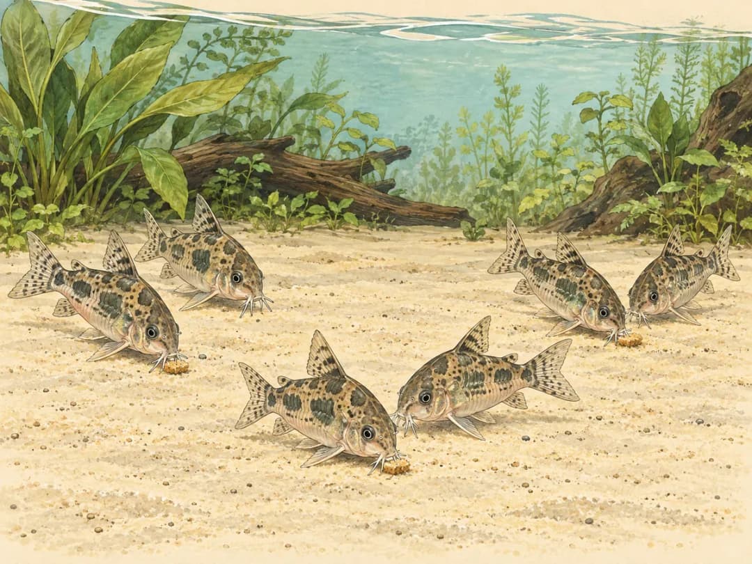 同種鼠魚在分開的底部餵食點攝取小份沉底食物,方便確認每隻魚是否吃到。