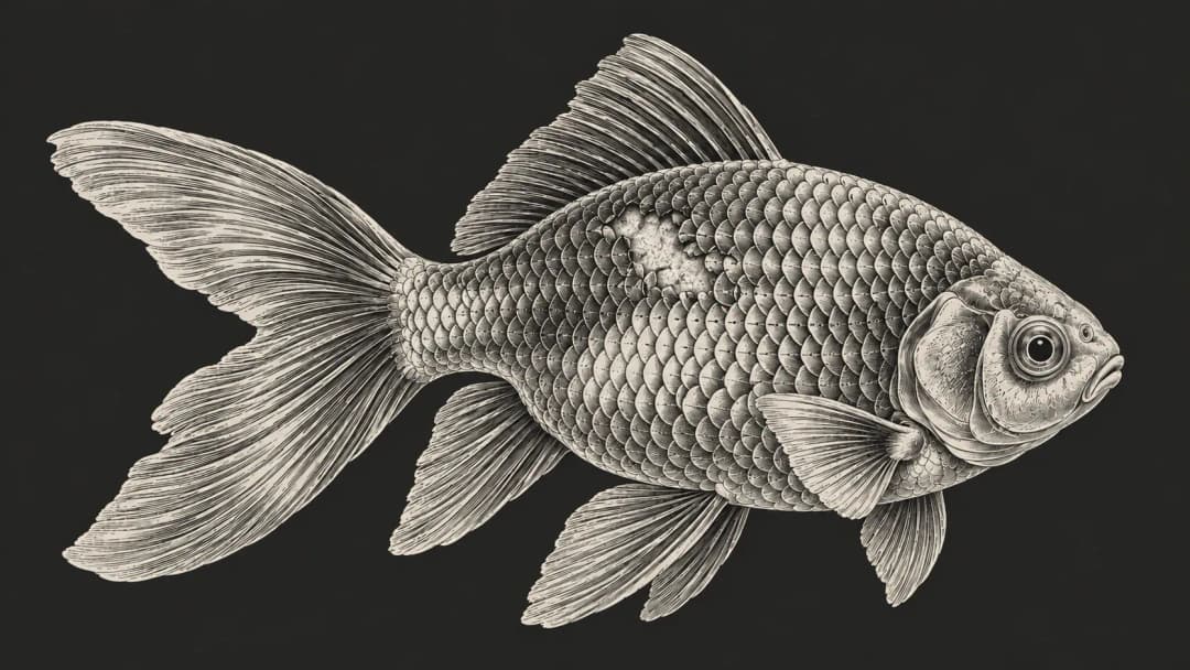 金魚體側一小片鱗片缺損、露出表淺傷口的刻線插畫,炭黑底。