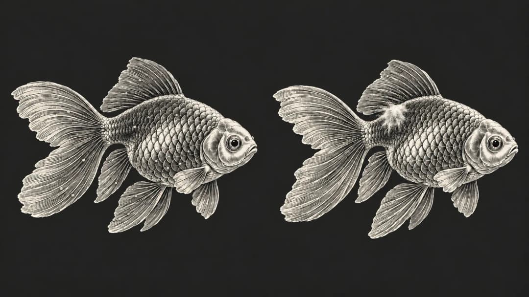 兩尾金魚的刻線插畫並排:左尾魚體與鰭上有分散的細小白點,右尾近尾柄處有一團棉絮狀附著物。