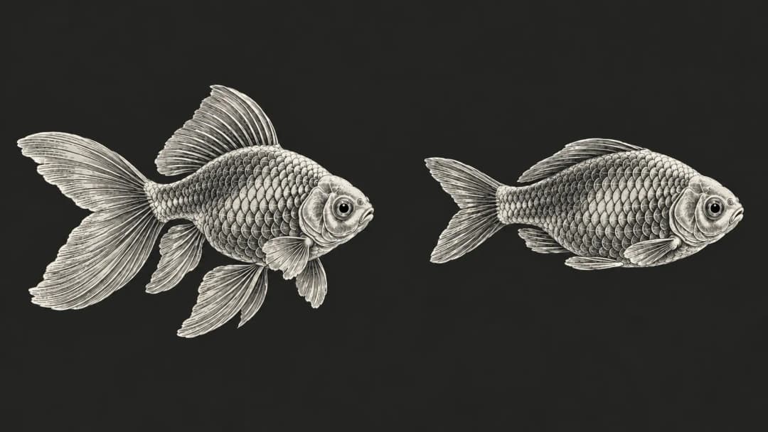 兩尾金魚的刻線插畫並排:左為圓身長尾的金魚,右為身形較長的單尾金魚。