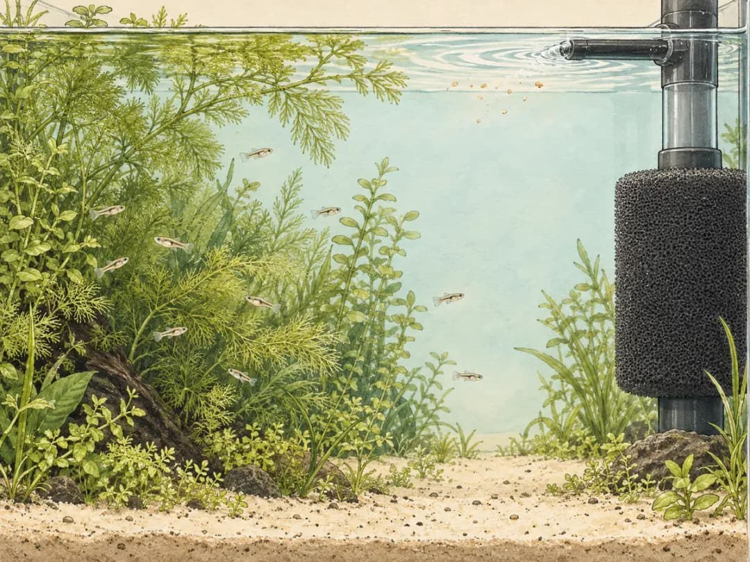 孔雀魚幼魚在細葉水草間活動,過濾進水口使用海綿防護,保留乾淨覓食與游泳空間。