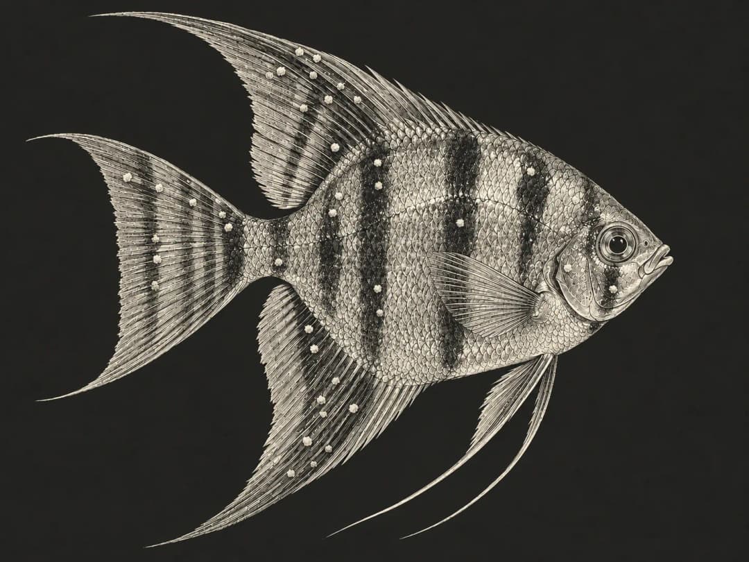 神仙魚體表與魚鰭的細小白點示意;相似病灶仍需鏡檢確認。