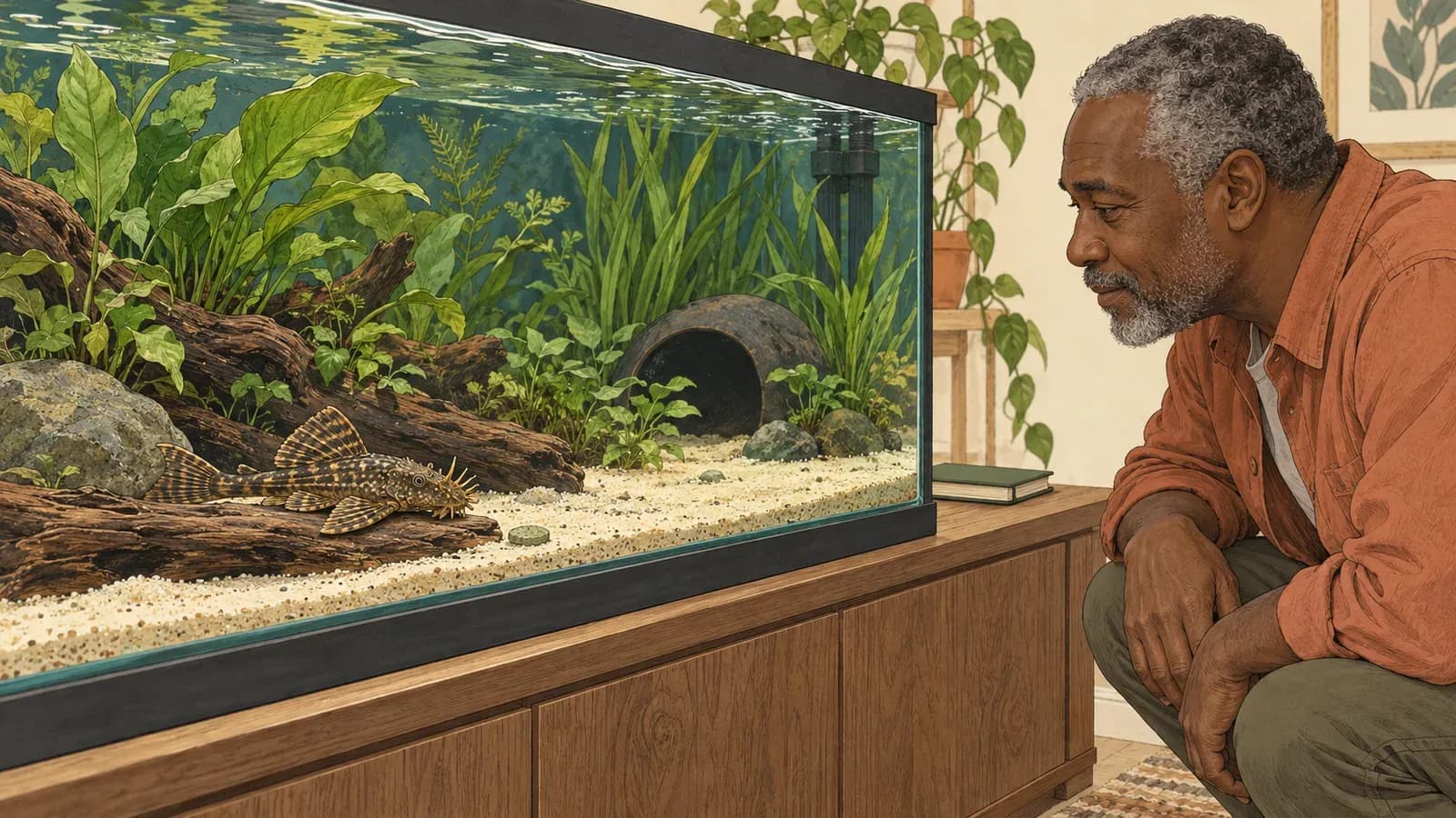 外國成人在固定活動時段觀察鬍子異形,魚缸包含穩固洞穴、沉木及可觀察的底部餵食區。